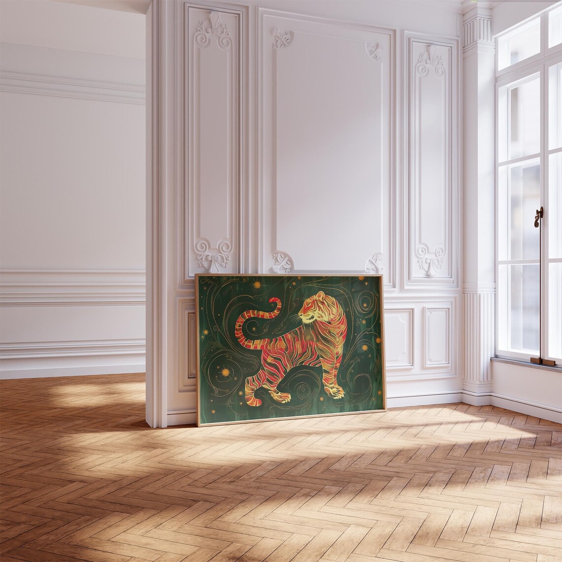 Ornate Golden Red Tiger Striding On Deep Green Oriental Style Poster - Image 3