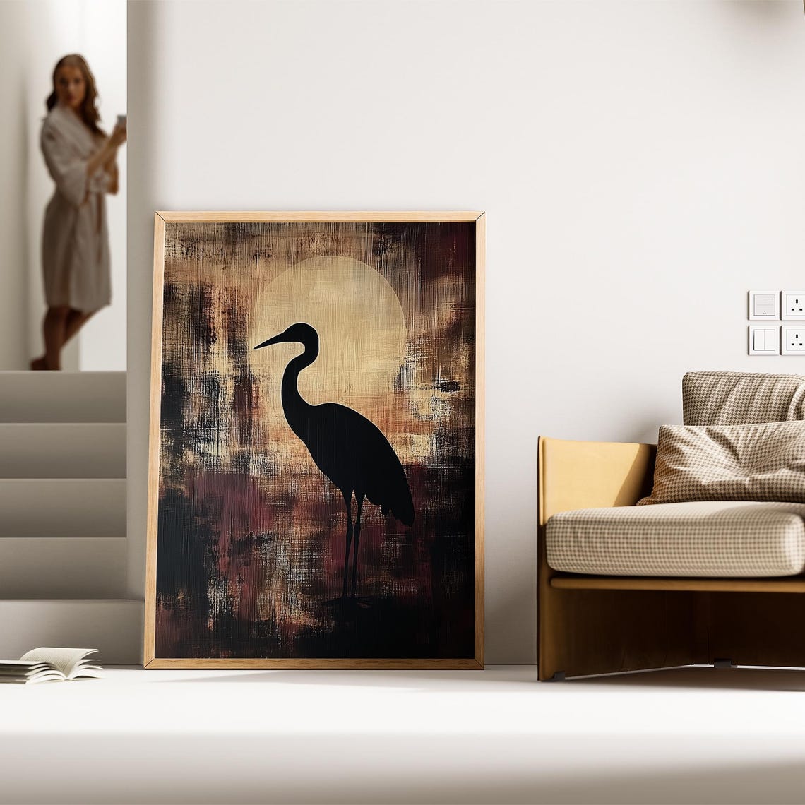 Heron Silhouette Gold Circle Moody Vintage Japanese Art Poster - Image 3