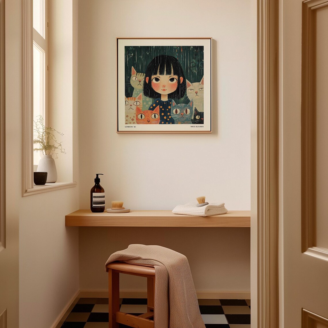 Sweet Girl Surrounded by Her Cats in the Rain Whimsical Poster - Image 2