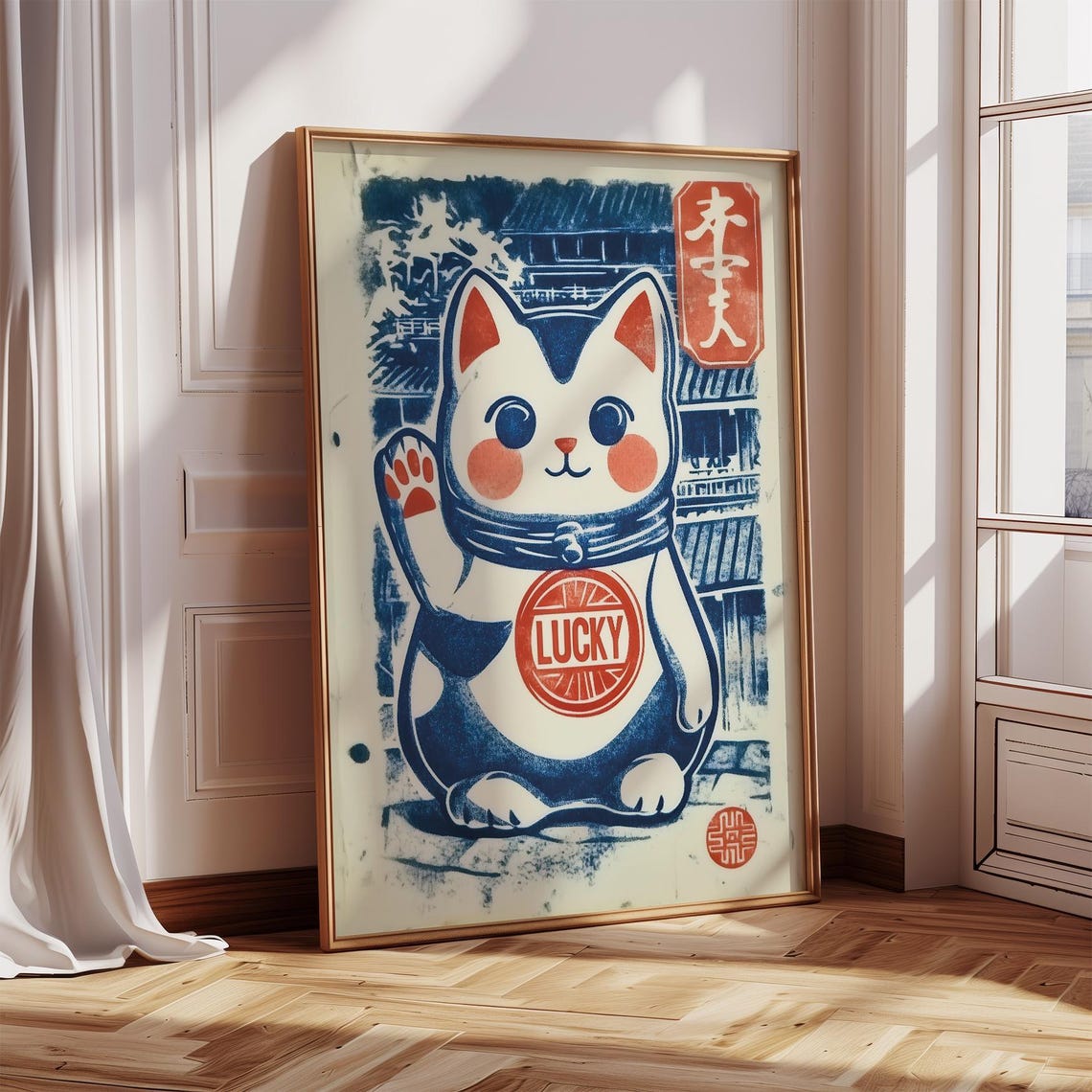 Lucky Cat Maneki Neko Japanese Woodblock Style Blue Art Poster