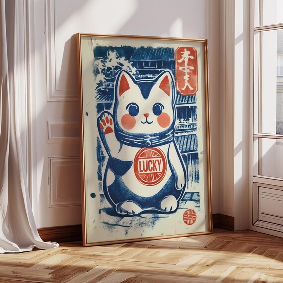 Lucky Cat Maneki Neko Japanese Woodblock Style Blue Art Poster