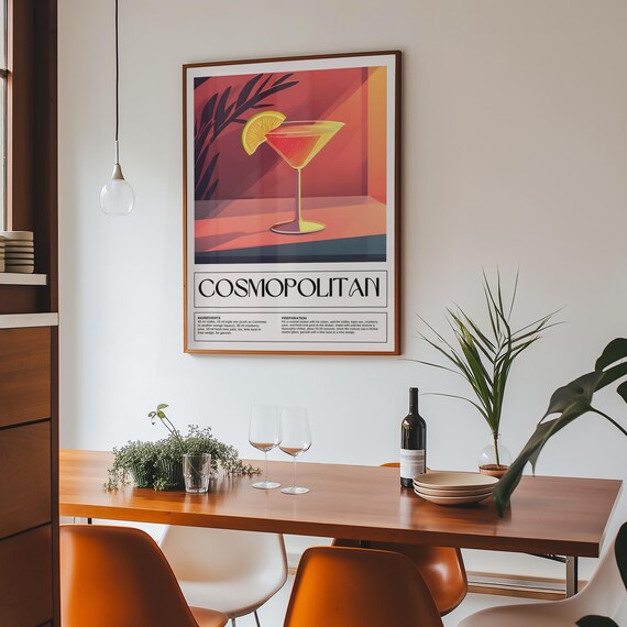 Cosmopolitan Cocktail Recipe Poster Retro Bar Art Bold Citrus Design