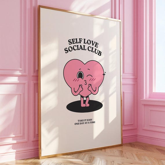 Self Love Social Club Wall Art Cute Heart Poster Positive Affirmation Print Self Care Decor Inspirational Quote Art For Bedroom Office Gift