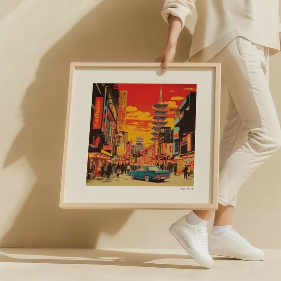 Tokyo Streets Wall Art Vintage Japanese Print Retro Car Poster Sunset Japan Cityscape Travel Decor For Bedroom Office Living Room