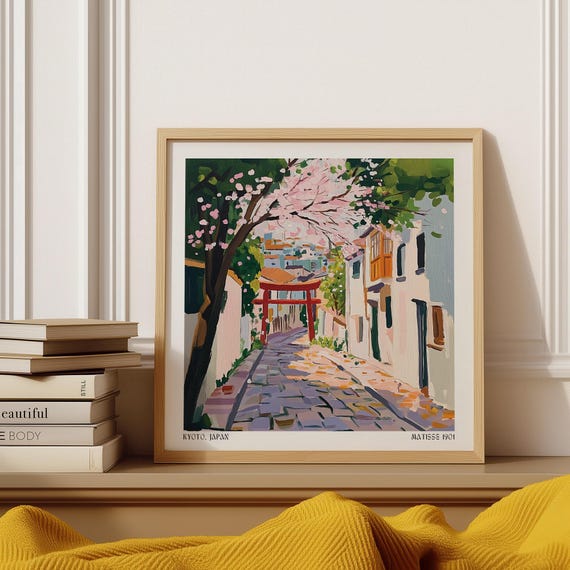 Kyoto Japan Art Cherry Blossom Street With Red Torii Gate Painterly Spring Wall Print Inspired By Japanese Travel