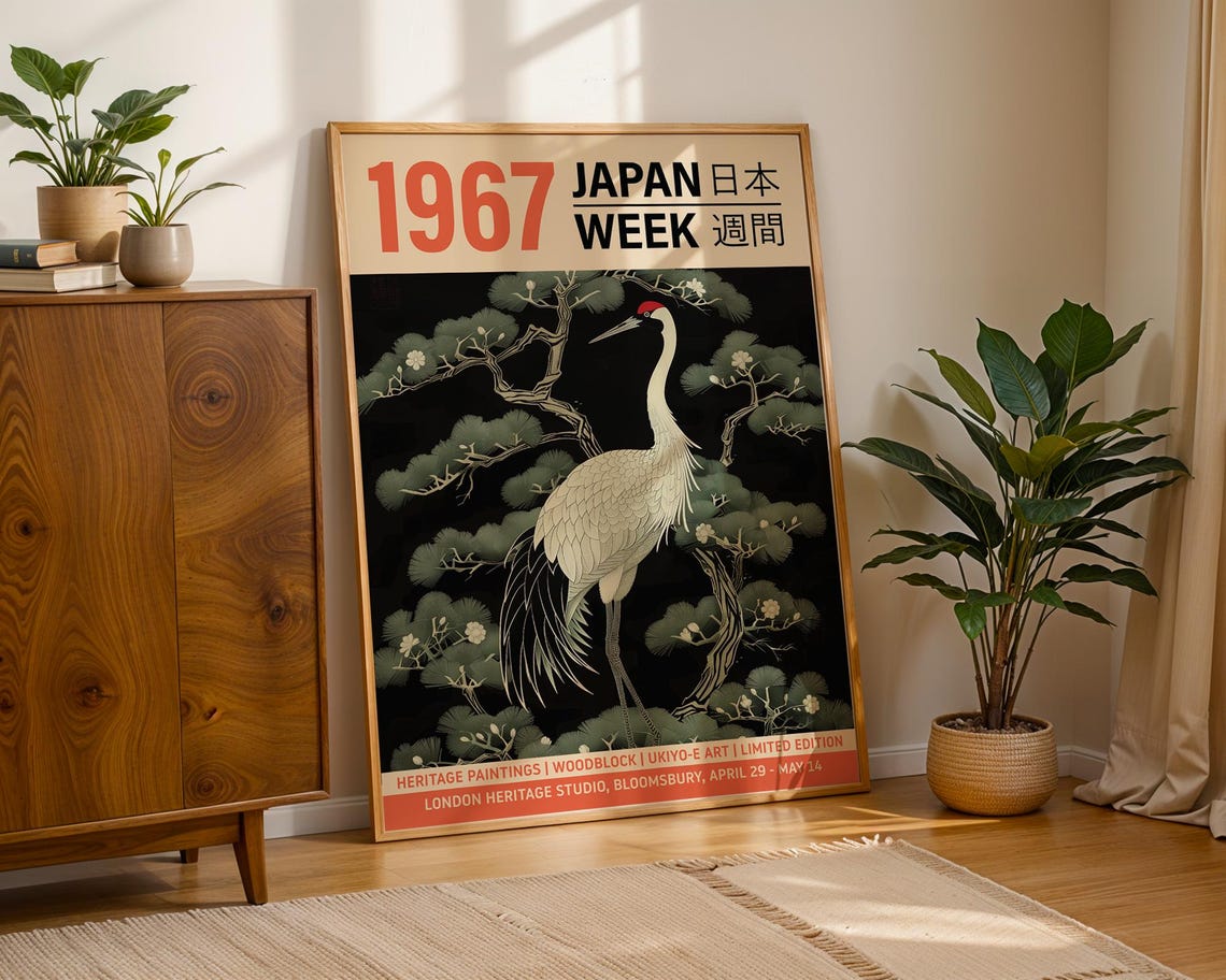 1967 Japan Week White Crane Pine Tree Ukiyo E Style Art Poster - Image 3