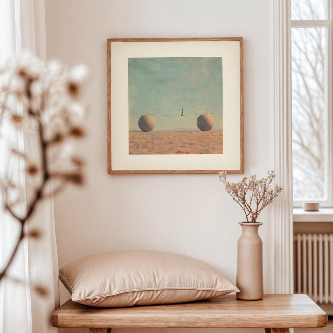 Surreal Balance Wall Art Minimalist Dreamscape Print Conceptual Tightrope Poster Modern Abstract Artwork Futuristic Desert Decor - Image 3