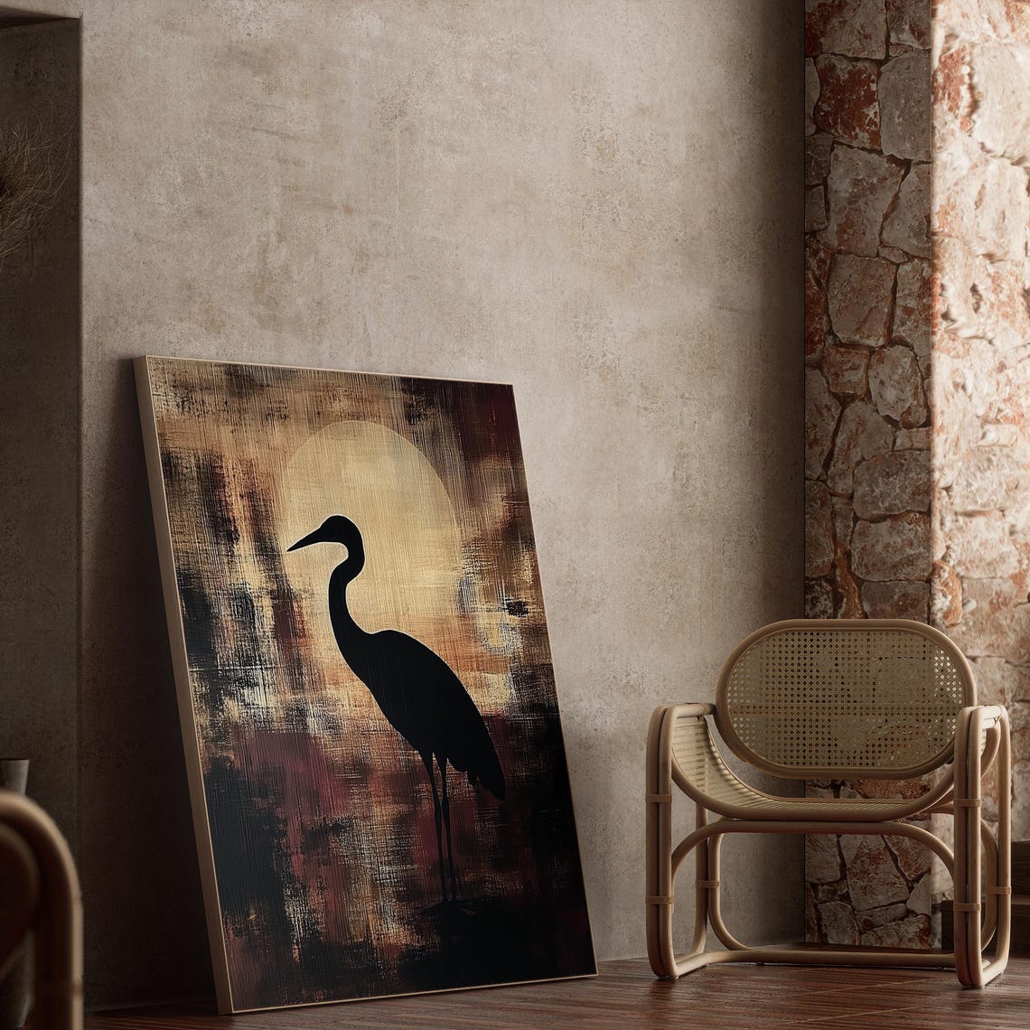 Heron Silhouette Gold Circle Moody Vintage Japanese Art Poster - Image 2