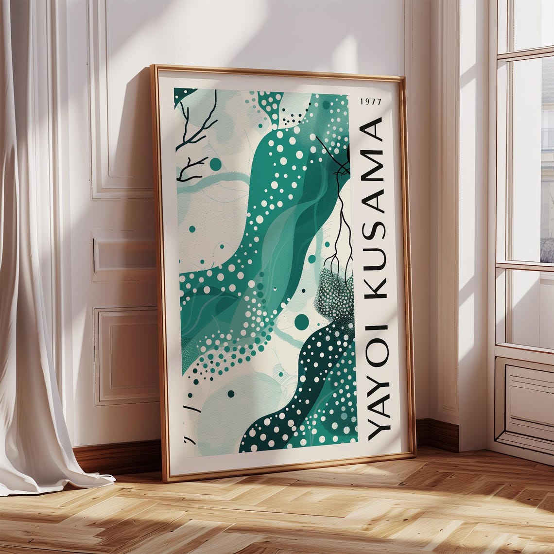 Yayoi Kusama 1977 Teal Wave White Dot Pattern Abstract Poster