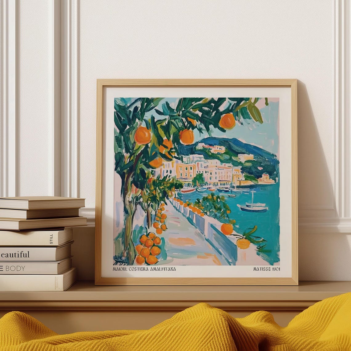 Art Prints Of Italy Coastal Amalfi Town With Oranges And Boats Painterly Travel Wall Art In Vibrant Mediterranean Colors Maiori Italian