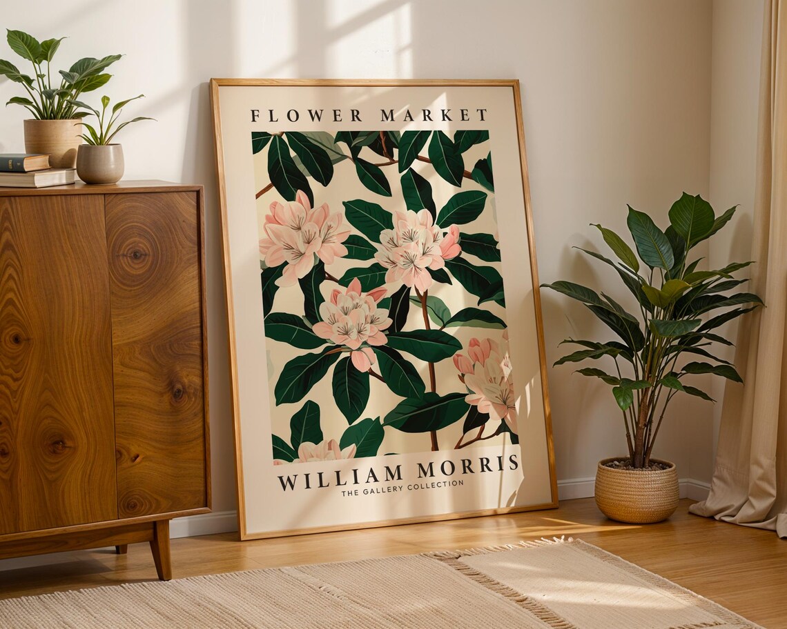 William Morris Flower Market Pink Rhododendron Blossom Green Poster - Image 2