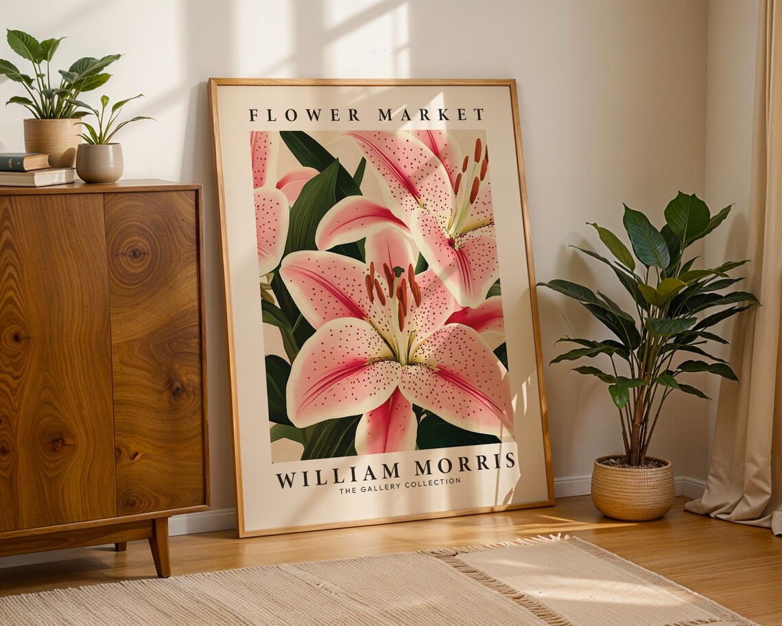 William Morris Flower Market Pink Stargazer Lily Botanical Poster - Image 2