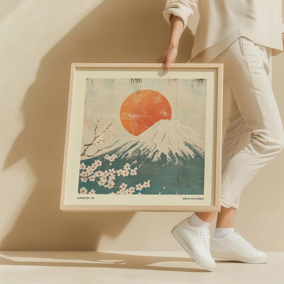 Mount Fuji Wall Art Japanese Landscape With Cherry Blossoms Retro Abstract Artwork For Living Room Bedroom Or Office Decor Square Poster