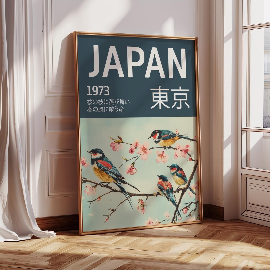 Japan 1973 Tokyo Birds Cherry Blossom Retro Travel Art Poster - Image 4