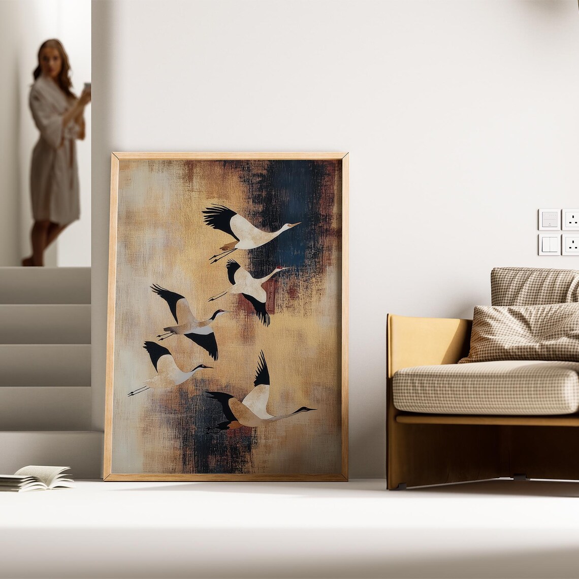 Japanese Cranes in Flight Warm Gold Abstract Birds Style Poster - Image 3