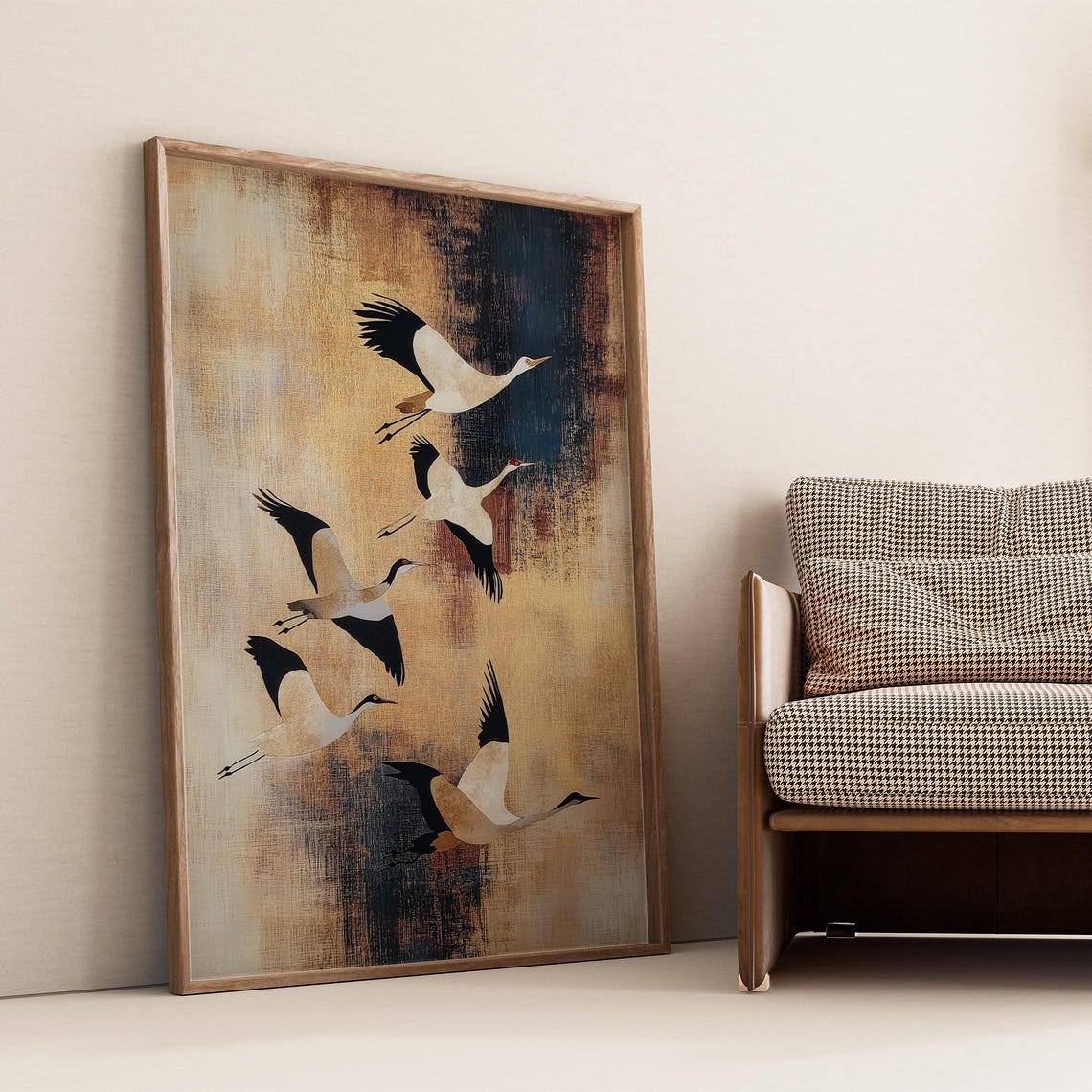Japanese Cranes in Flight Warm Gold Abstract Birds Style Poster - Image 4