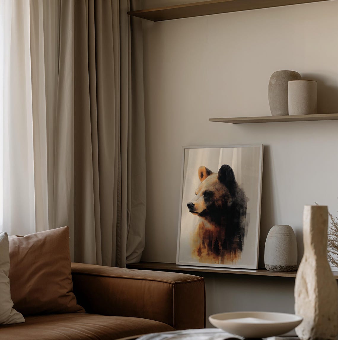 Watercolor Bear Head Double Exposure With Autumn Pine Forest Wall Art - Image 2