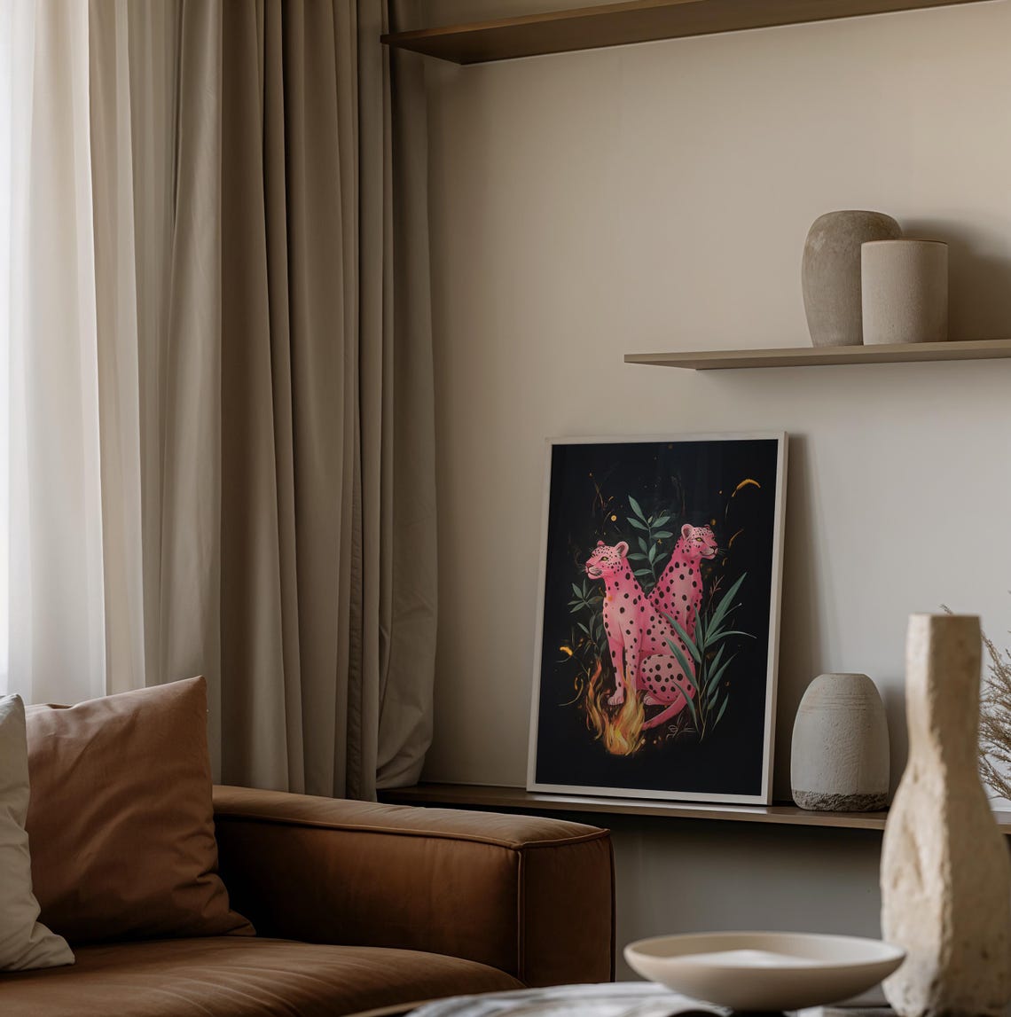 Twin Pink Leopards in Dark Foliage With Flames Mystical Night Poster - Image 3