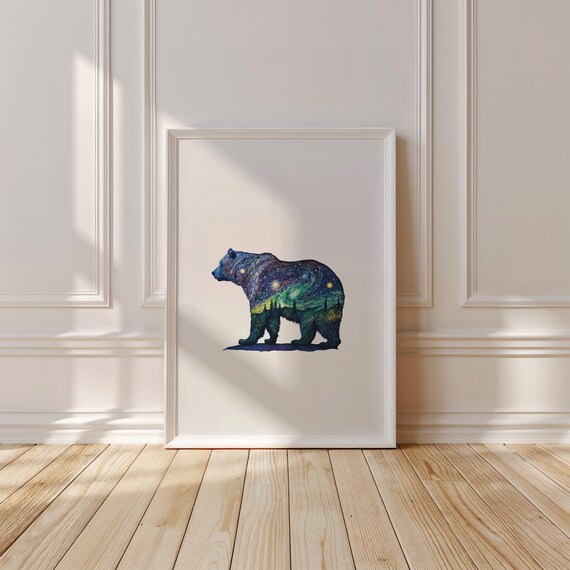 Starry Night Sky Bear Silhouette Filled With Swirling Cosmic Art Poster