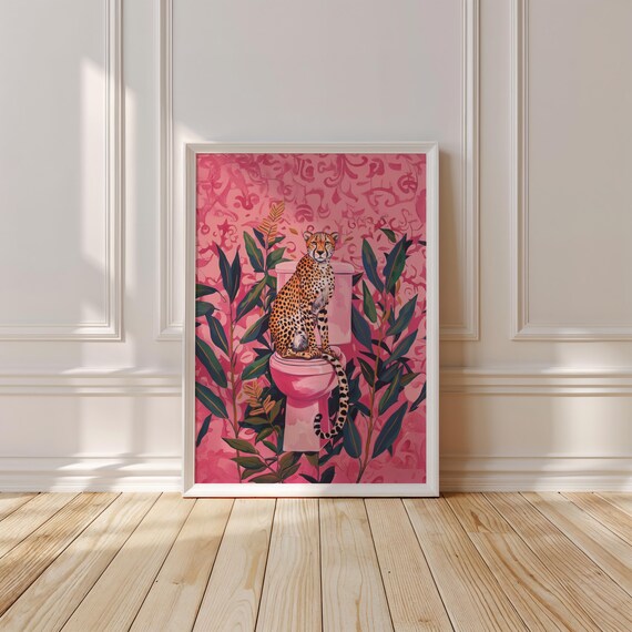 Quirky Cheetah Sitting on a Pink Toilet Maximalist Bathroom Art Poster