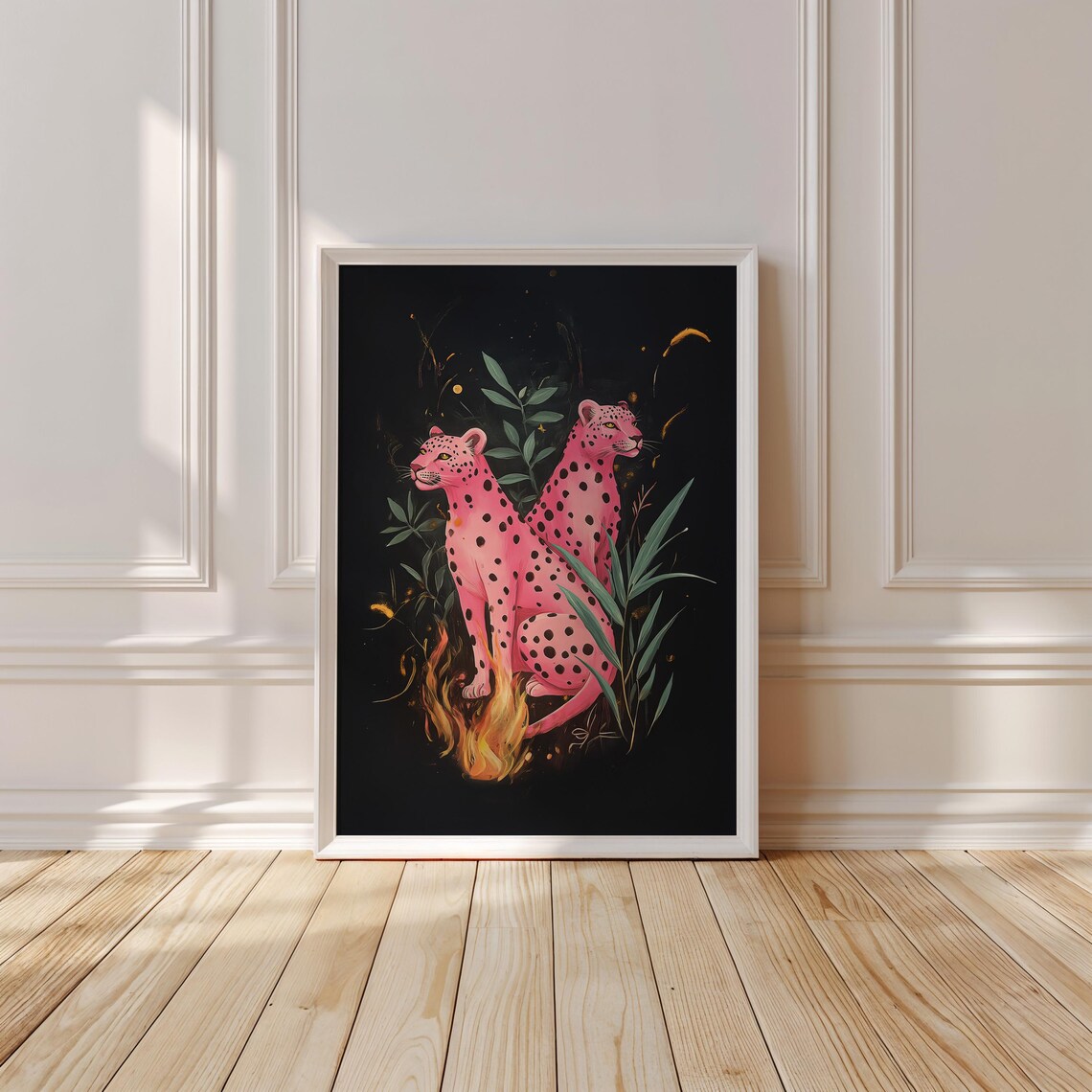 Twin Pink Leopards in Dark Foliage With Flames Mystical Night Poster