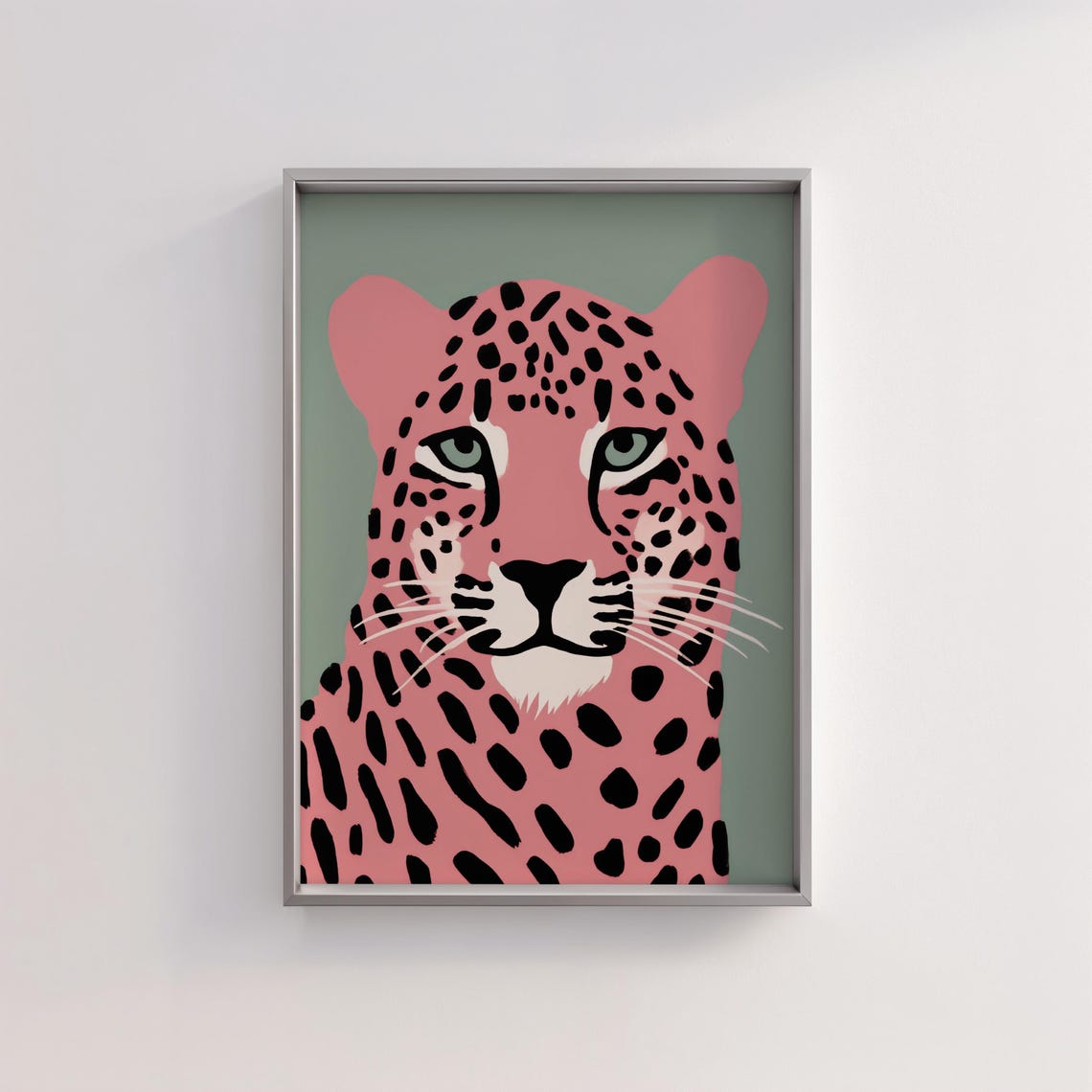 Stylized Pink Leopard Illustration on Sage Green Modern Art Poster - Image 3