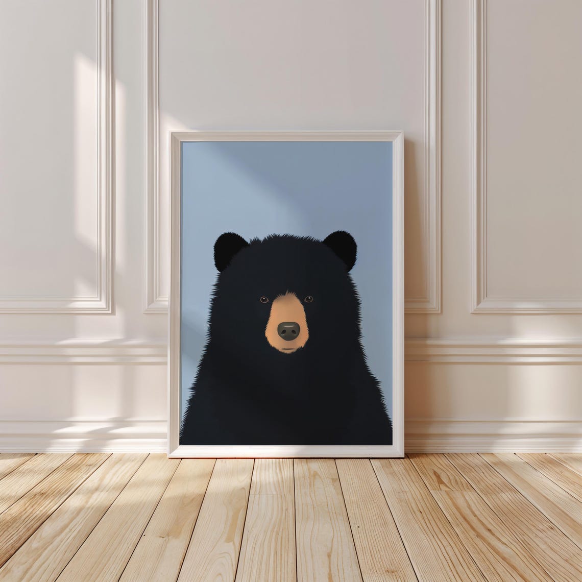 Minimalist Black Bear Face Close Up on a Pale Blue Modern Art Poster