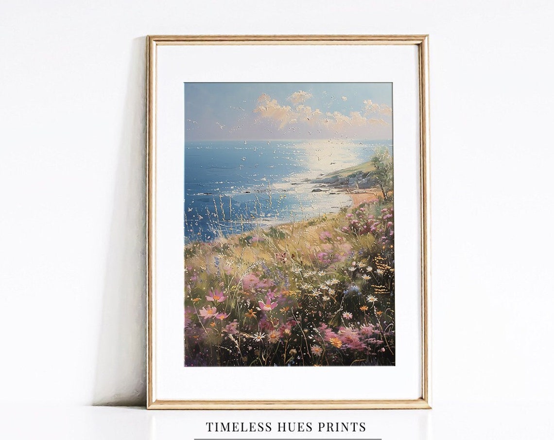 Wildflower Meadow Cliff Ocean Seascape Sparkling Blue Sea Poster