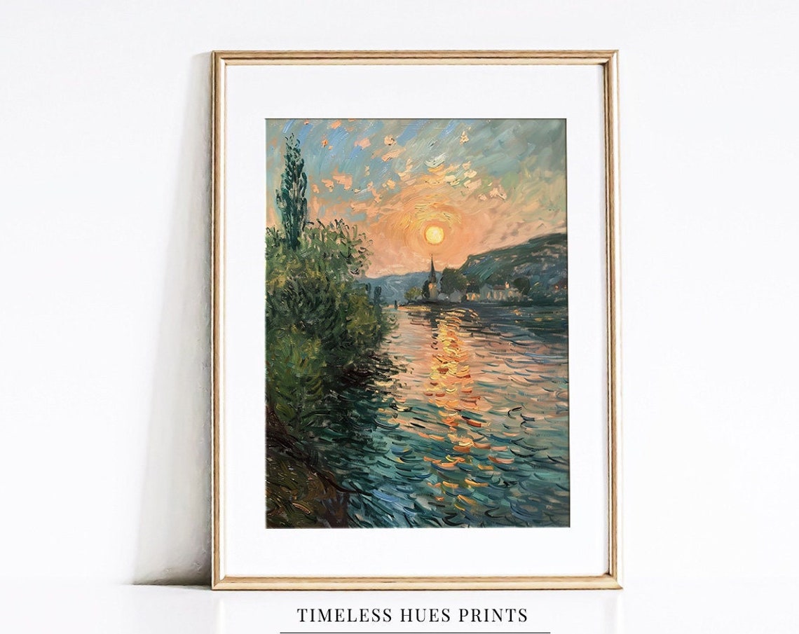 Orange Sunset Over A Quiet River With A Distant Church Spire Poster