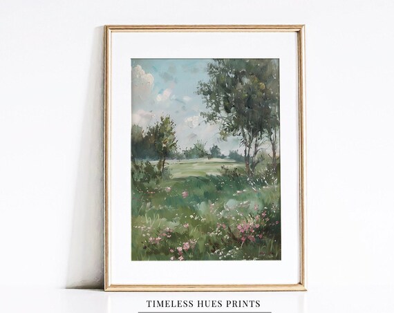Spring Meadow Painting, Moody Vintage Landscape Art
