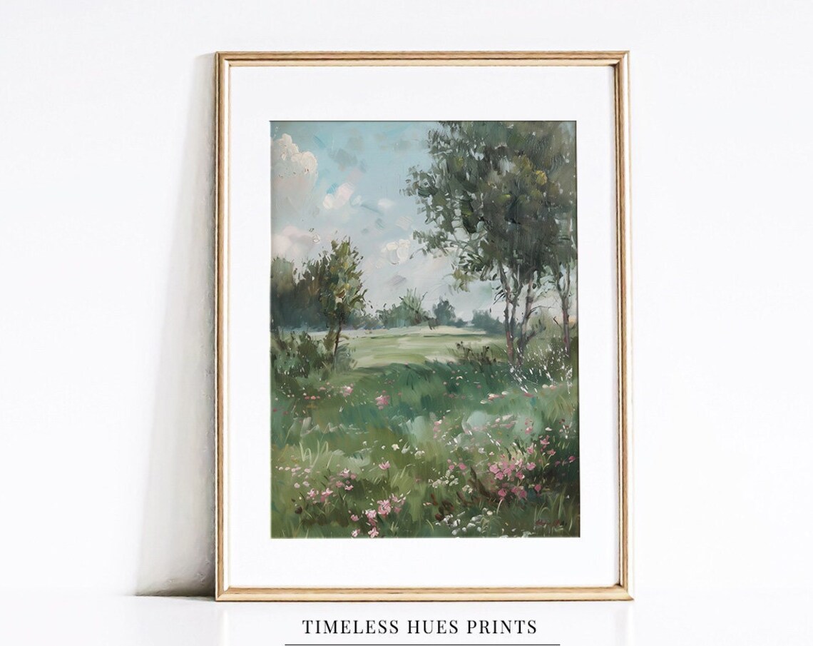 Spring Meadow Painting, Moody Vintage Landscape Art