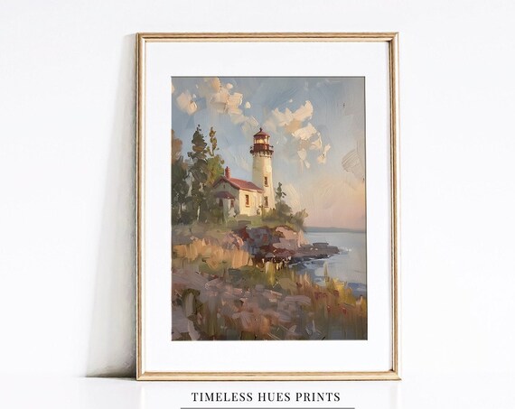 Coastal Lighthouse On Rocky Cliff Sunset Seascape Painting Poster
