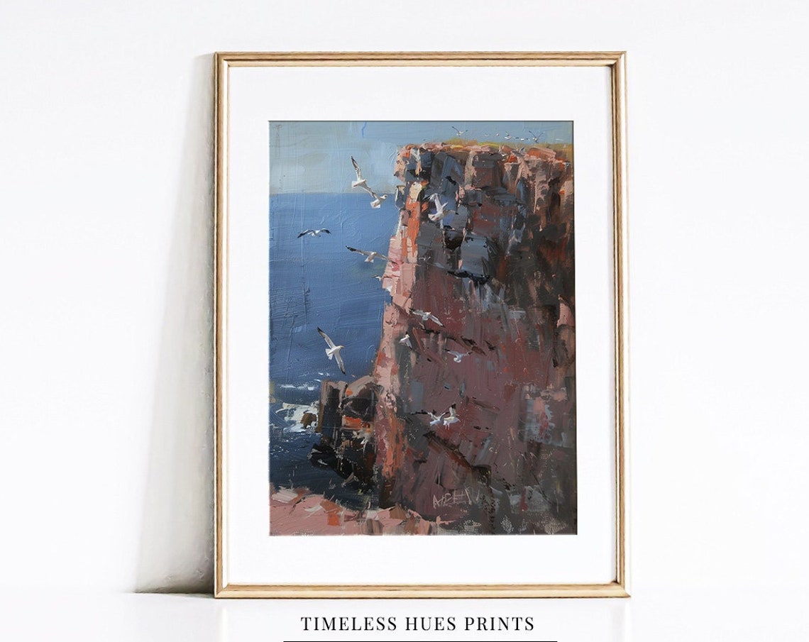 Seabirds Soaring Past Ocean Cliff Impasto Coastal Art Poster