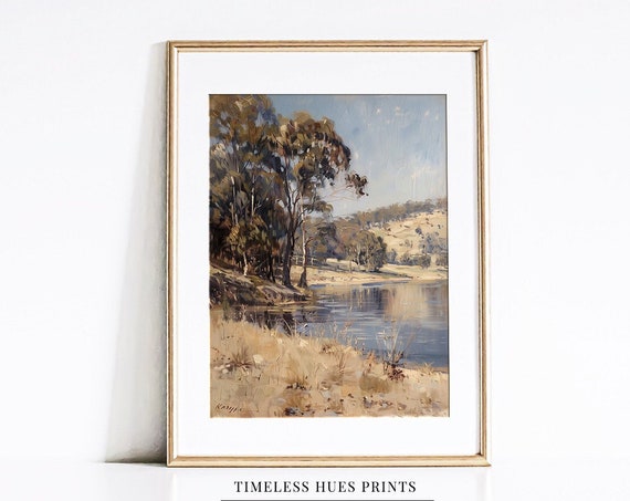 Lake Countryside Painting Neutral Vintage Rustic Decor Landscape Painting Woodland Scene Wall Art Decor Wall Art