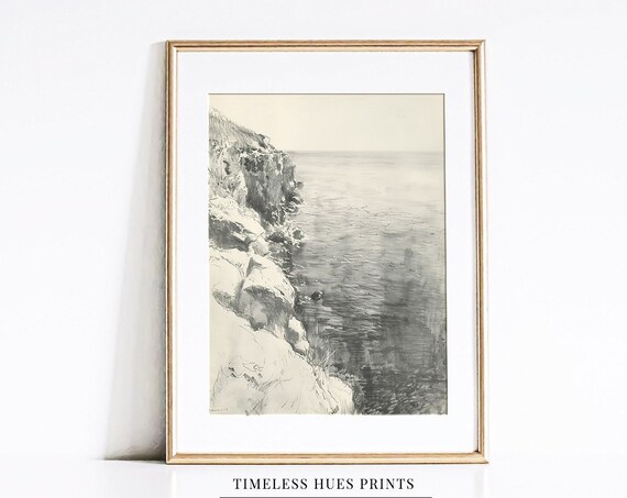 Quiet Rocky Shore Pencil Sketch Minimalist Coastal Drawing Wall Art
