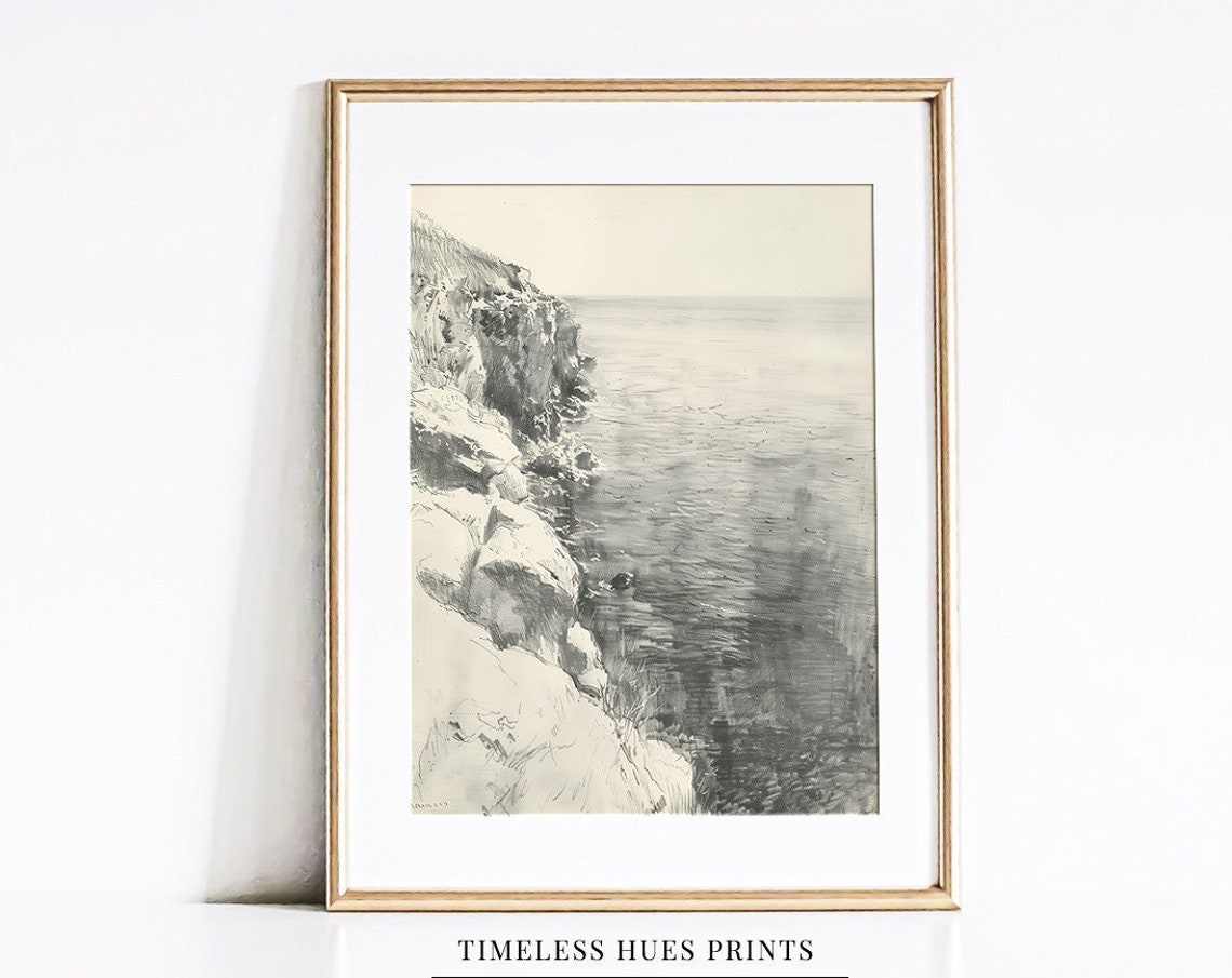Quiet Rocky Shore Pencil Sketch Minimalist Coastal Drawing Wall Art