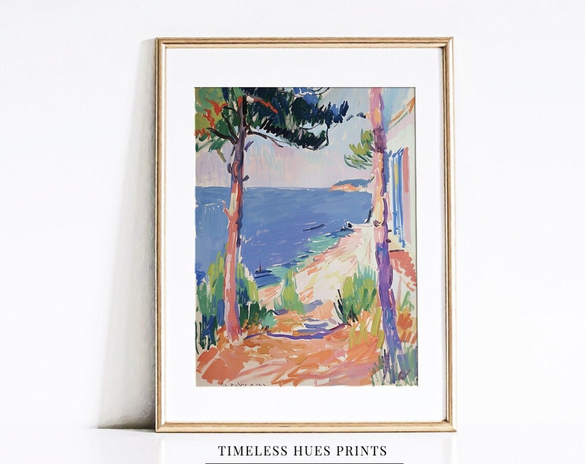 Vivid Fauvist Style Mediterranean Coast Pine Trees Bright Sea Painting Poster