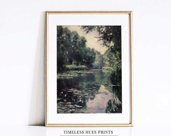 Vintage Pond Landscape Print Impressionist Landscape Painting Riverbank Woodland Stream Farmhouse Decor Water Garden
