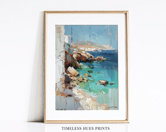 Rocky Coastal Impasto Painting Turquoise Sea White Houses Seascape Art Poster