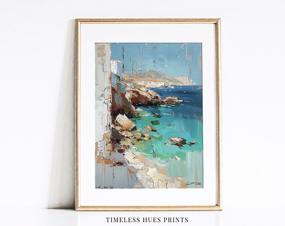 Rocky Coastal Impasto Painting Turquoise Sea White Houses Seascape Art Poster