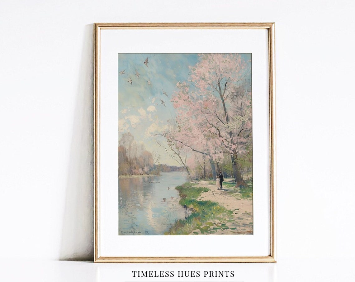 Cherry Blossoms By A Spring Lake With Birds And Ducks Poster