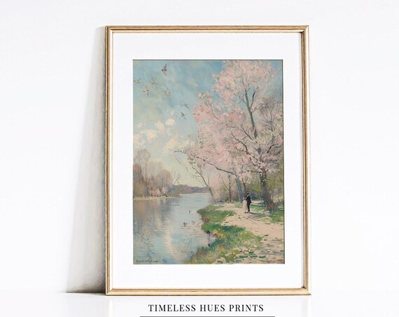 Cherry Blossoms By A Spring Lake With Birds And Ducks Poster
