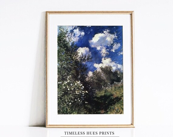 Blue Sky With Billowing Clouds Over Flowering Bushes Impressionist Poster