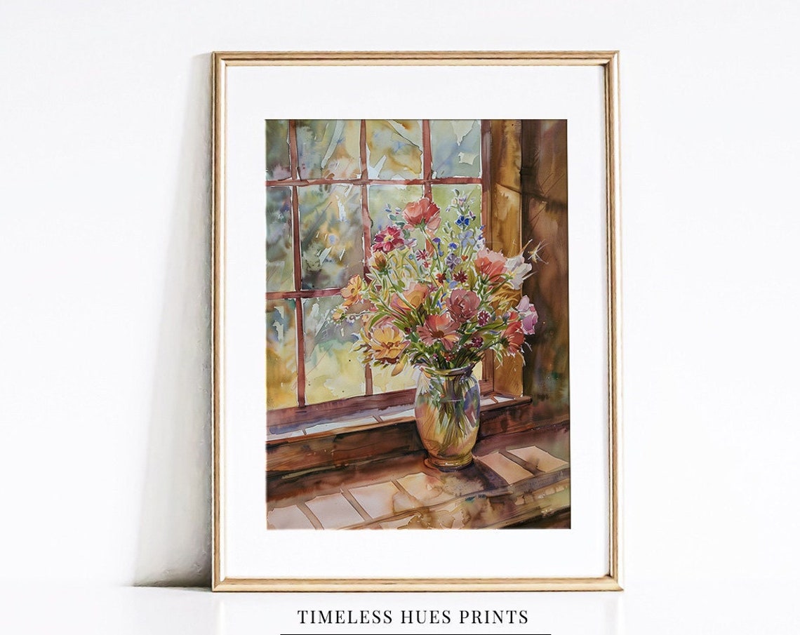 Wildflower Bouquet in Glass Jar by Sunlit Window Watercolor Poster