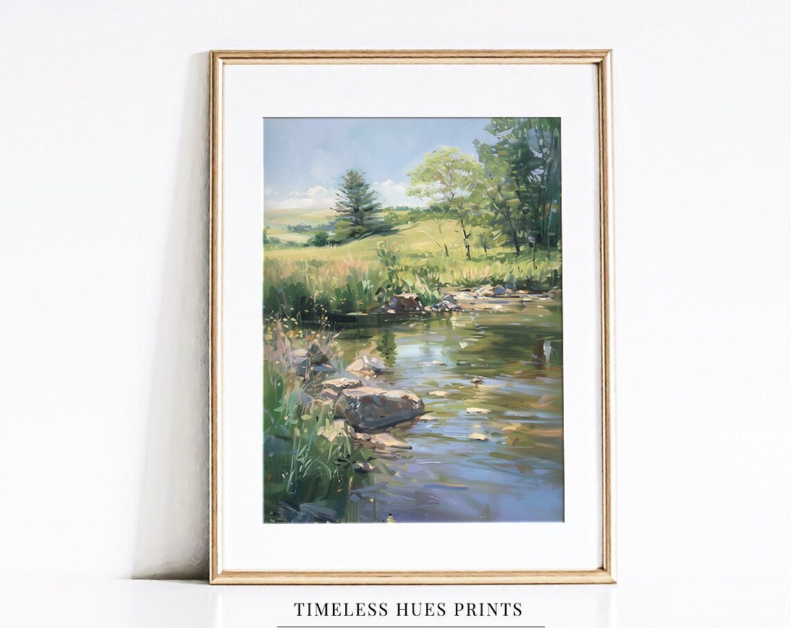 Gentle Summer Stream with Rocks and Lush Green Banks Landscape Poster