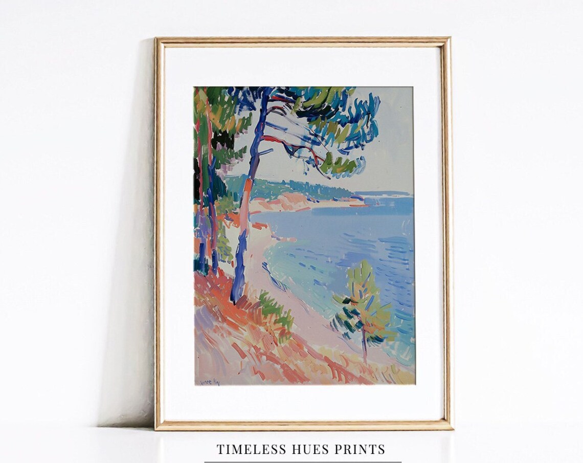 Colorful Mediterranean Cliffside Pines Turquoise Sea Landscape Painting Poster