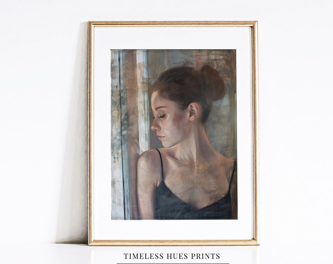 Pensive Young Woman Portrait Looking Away Painterly Oil Poster