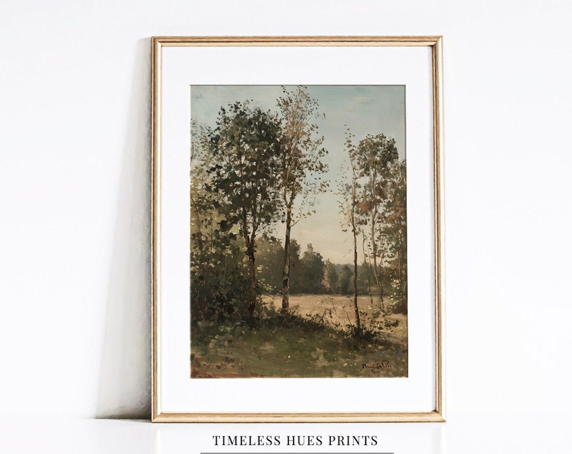 Autumn Birch Trees Sunset Field Vintage Treescape Landscape Painting Poster