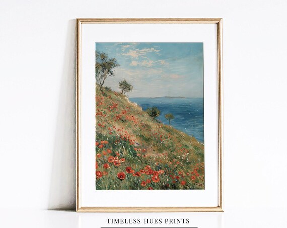 Red Poppies on Coastal Hillside Blue Sea Impressionist Oil Poster