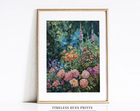 Spring Flower Garden Pink Blossoms Blue Delphinium Oil Poster